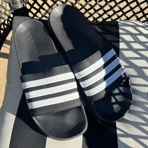 Adidas Black and White Striped Slides